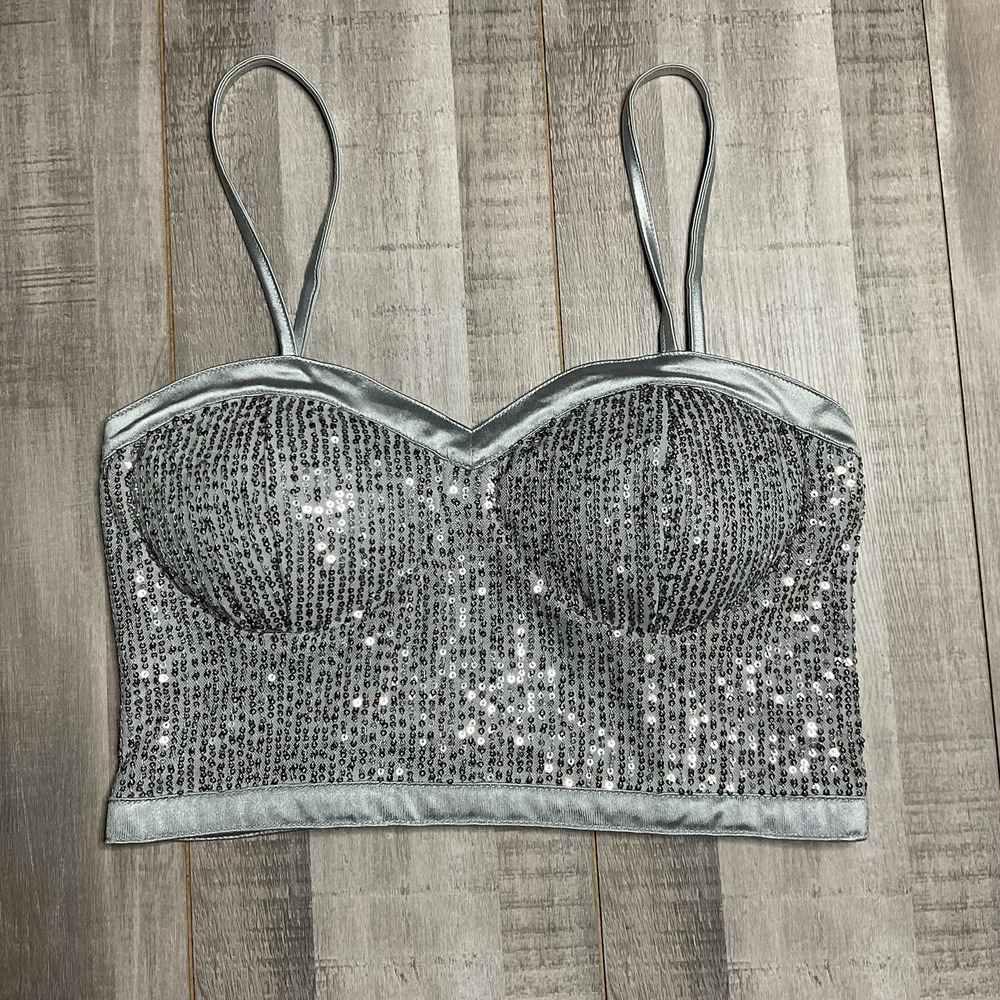 Madden NYC Women's Silver Sequin Bustier Crop Top Sweetheart Neck Medium